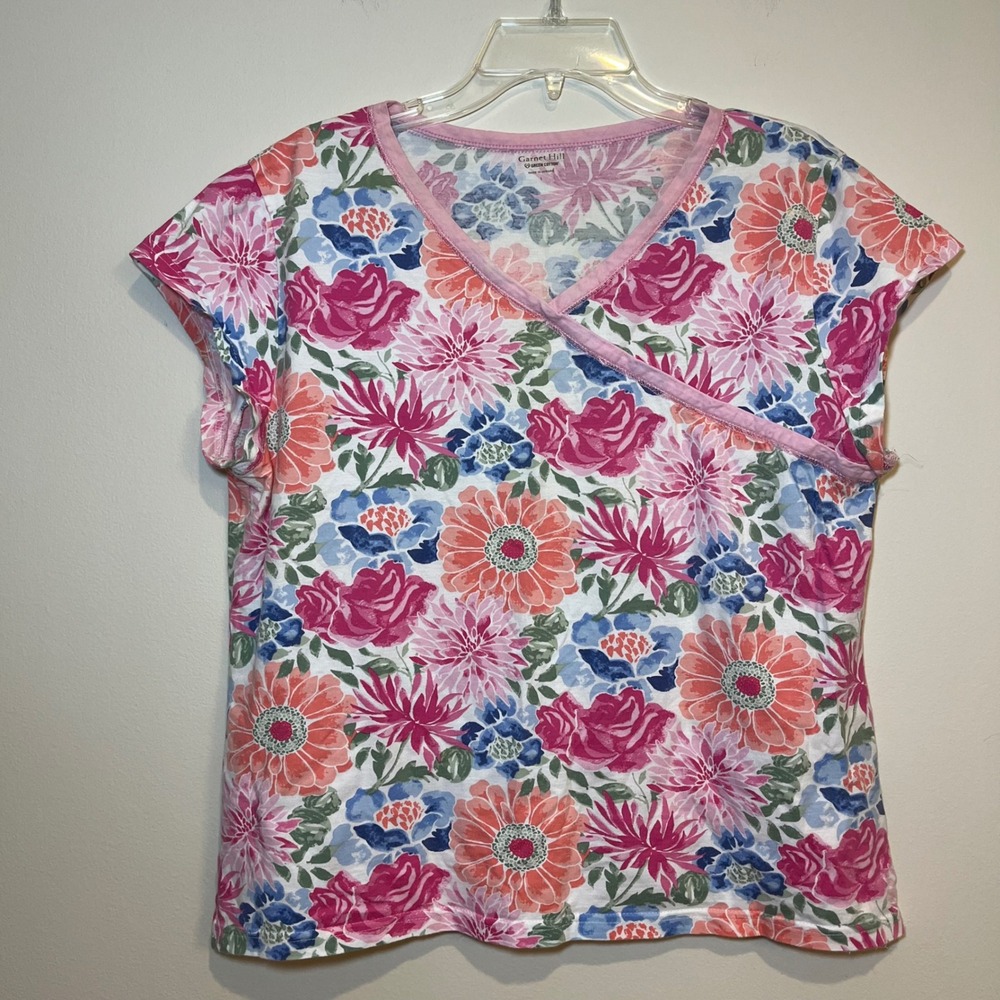 Garnet Hill Pajama Top Asian Wrap Short Sleeve Pink Blue Floral Size Large